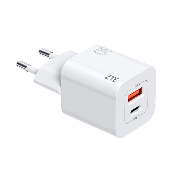 Cargador Doble Zte 30w Gan Carga Rapida Usb Y Tipo C Blanco