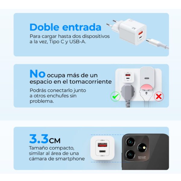 Cargador Doble Zte 30w Gan Carga Rapida Usb Y Tipo C Blanco - Imagen 3