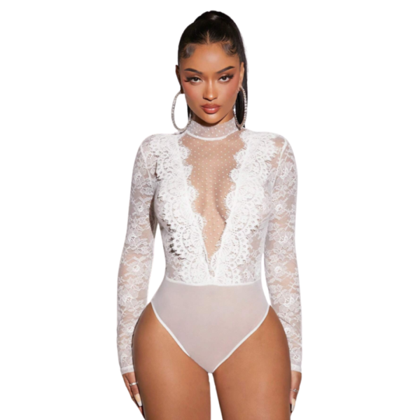 Body de Encaje Mujer Cuello Alto y Mangas Largas