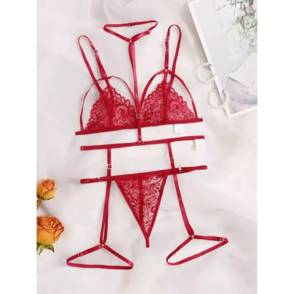 Lenceria Sexy Conjunto Liga Con Encaje Floral Y Gargantilla - Imagen 6