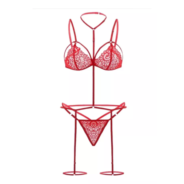 Lenceria Sexy Conjunto Liga Con Encaje Floral Y Gargantilla - Imagen 7