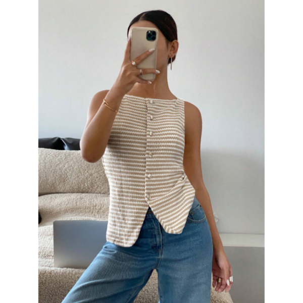 Blusa Elegante sin Mangas con Botones y Estampado a Rayas - Imagen 4