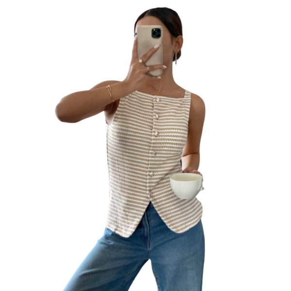 Blusa Elegante sin Mangas con Botones y Estampado a Rayas